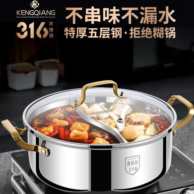 316 Stainless Steel Hot Pot with Divider, Thickened Large Capacity Induction Cooker Compatible