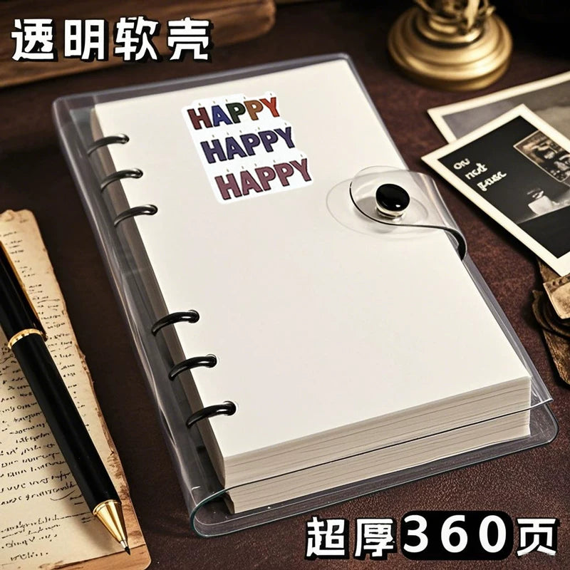 A6 Transparent Soft Cover Loose-Leaf Notebook with Detachable Buckle, Vintage Style Journal for Students, Thickened Lined Pages