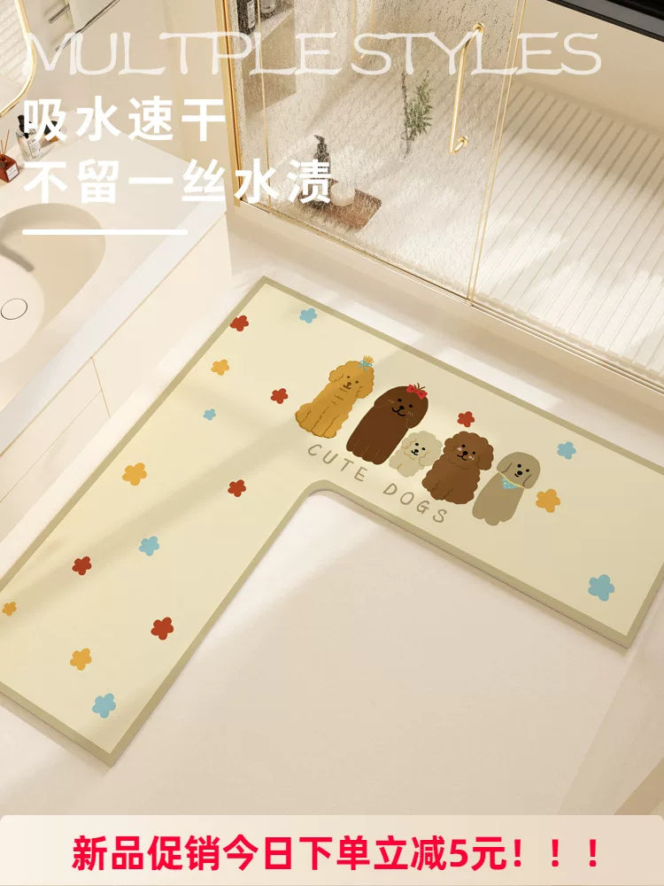 Cartoon L-Shaped Diatomaceous Earth Bath Mat for Bathroom Entrance and Vanity, Non-Slip, Quick-Drying, Super Absorbent