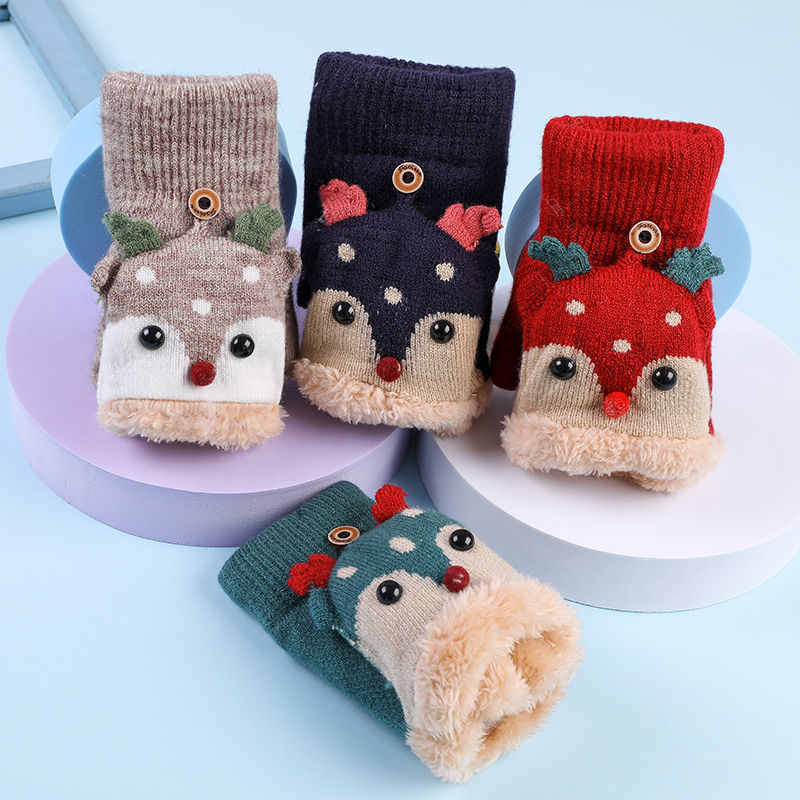Christmas Flip-Top Half-Finger Gloves for Adults and Kids, Plush Lined Warm Winter Mittens