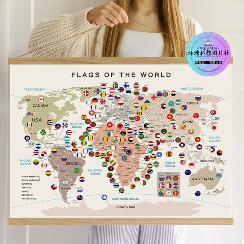 Educational World Map with Flags for Kids - English Learning Wall Art