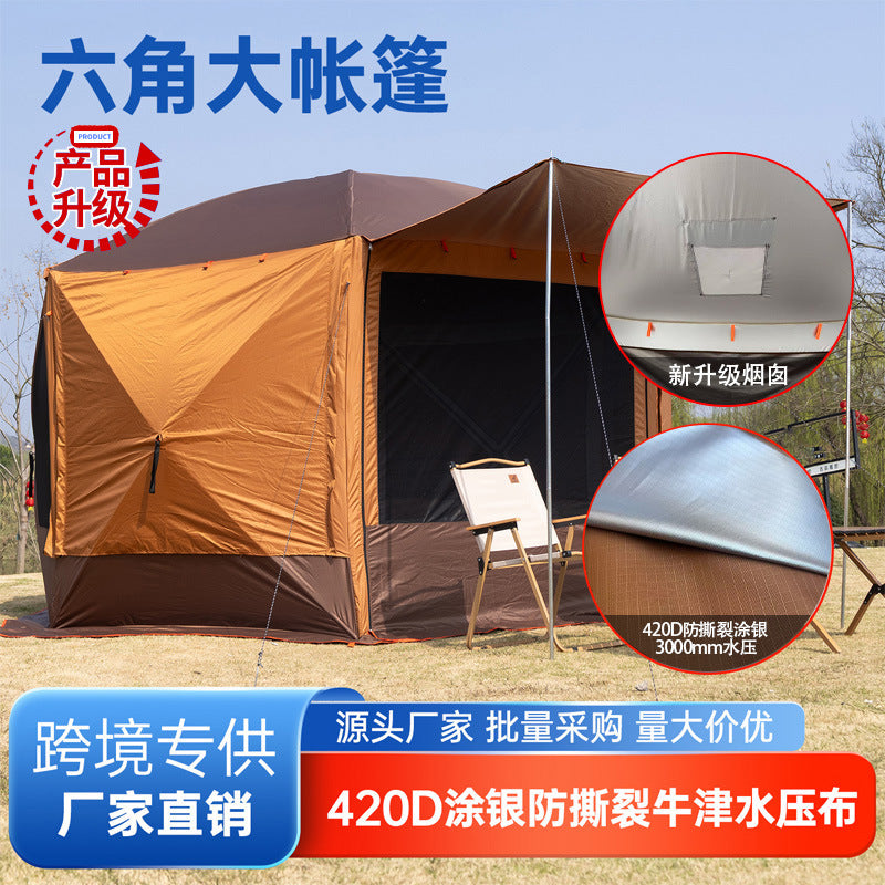 Mongolian Yurt Hexagonal Automatic Camping Tent with Tailgate Mosquito Net and Rain Protection, Upgraded with Chimney Port