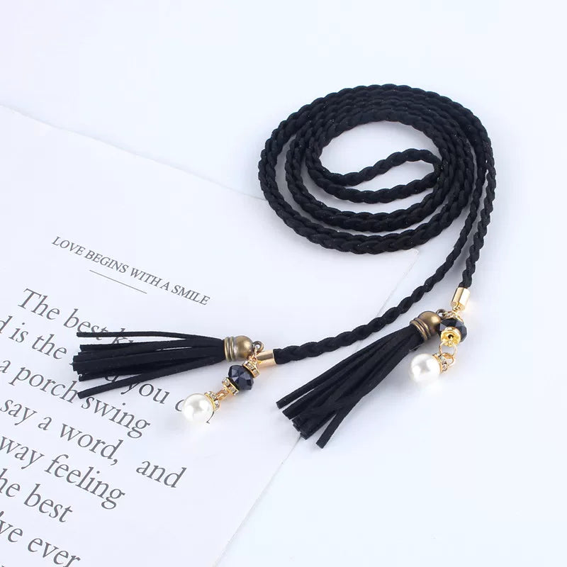 Women's Fashion Braided Tassel Waist Chain with Rhinestones for Dresses and Sweaters