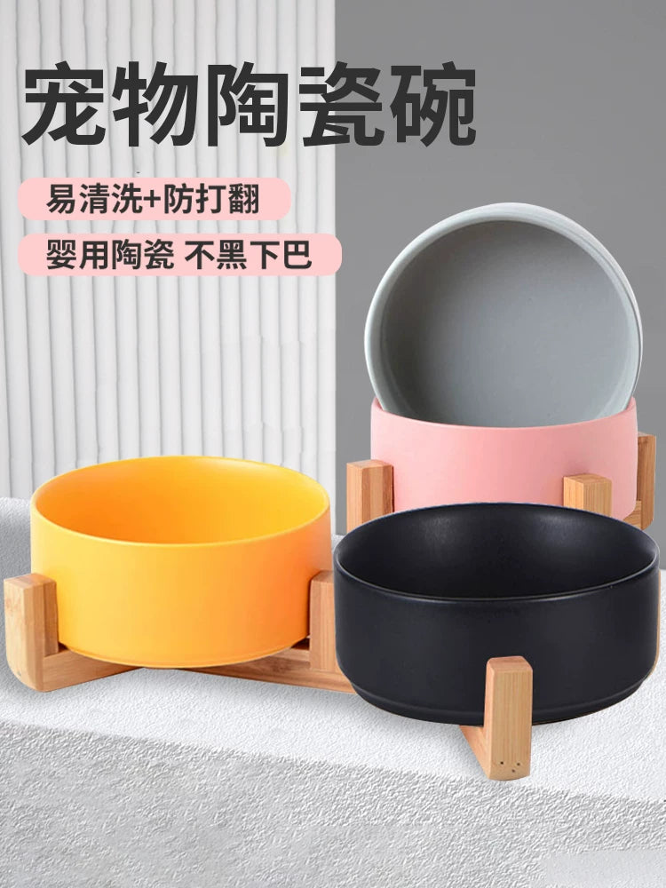 Ceramic Pet Bowl with Wooden Stand for Cats and Small Dogs, Elevated Food and Water Dish, Anti-Tip, Neck Protection