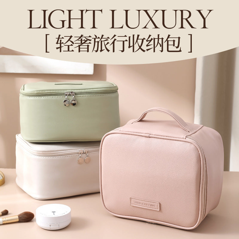 Portable PU Leather Cosmetic Bag with Handle, Large Capacity Travel Toiletry Organizer