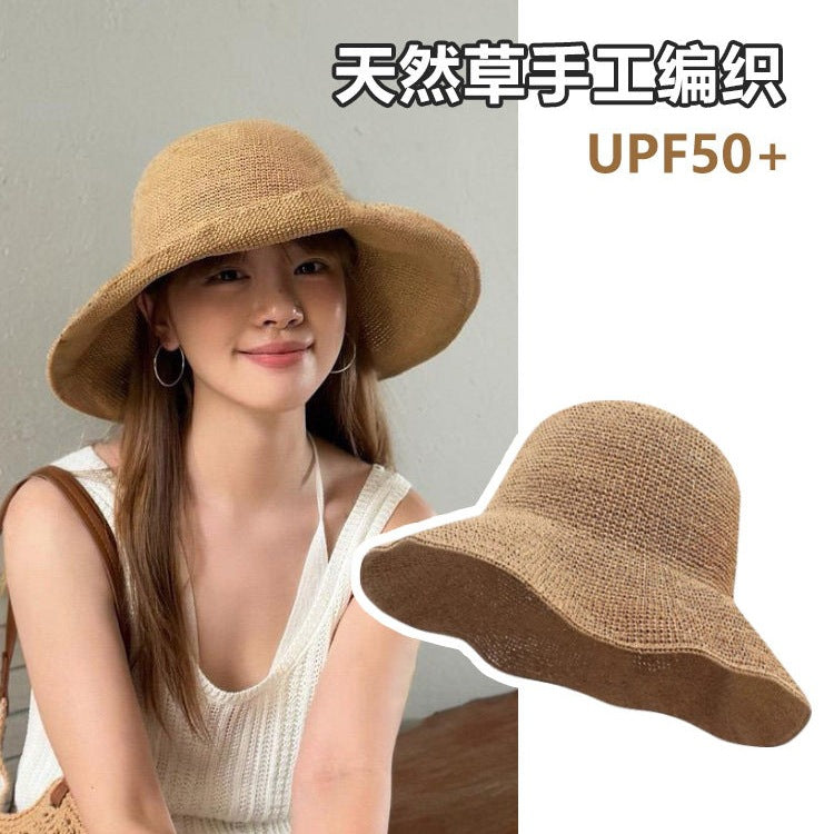 Handmade Straw Wide-Brim Sun Hat for Women, Summer Outdoor UV Protection Fisherman Cap