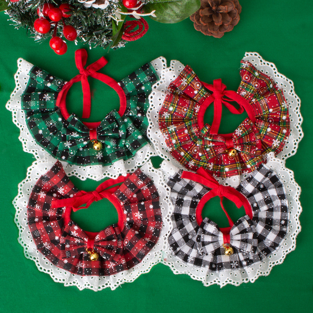 Christmas Pet Bandana Collar with Bow Tie and Bell for Cats and Dogs, Plaid Lace Design