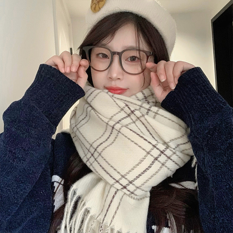 Plaid Cashmere-Feel Scarf for Women, Thickened Warm Winter Neck Wrap with Tassels