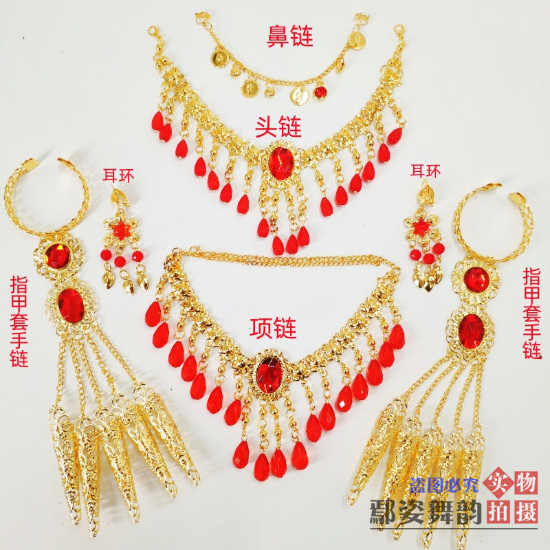 Ethnic Indian Belly Dance Jewelry Set with Headpiece, Necklace, Bracelet, Earrings, and Finger Nails