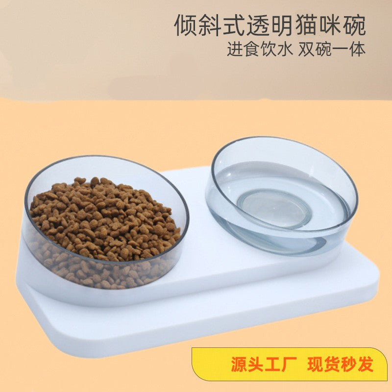 Elevated Double Cat Bowl with Anti-Slip Base for Food and Water, Tilted Design for Neck Protection