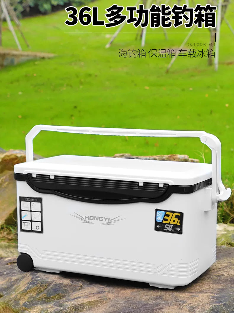36L Rolling Fishing Cooler Box with Seat, Insulated for Outdoor Fishing, Refrigeration, and Preservation