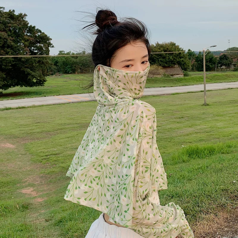 French Floral Sun Protection Shawl with Face Mask for Cycling and Outdoor Activities