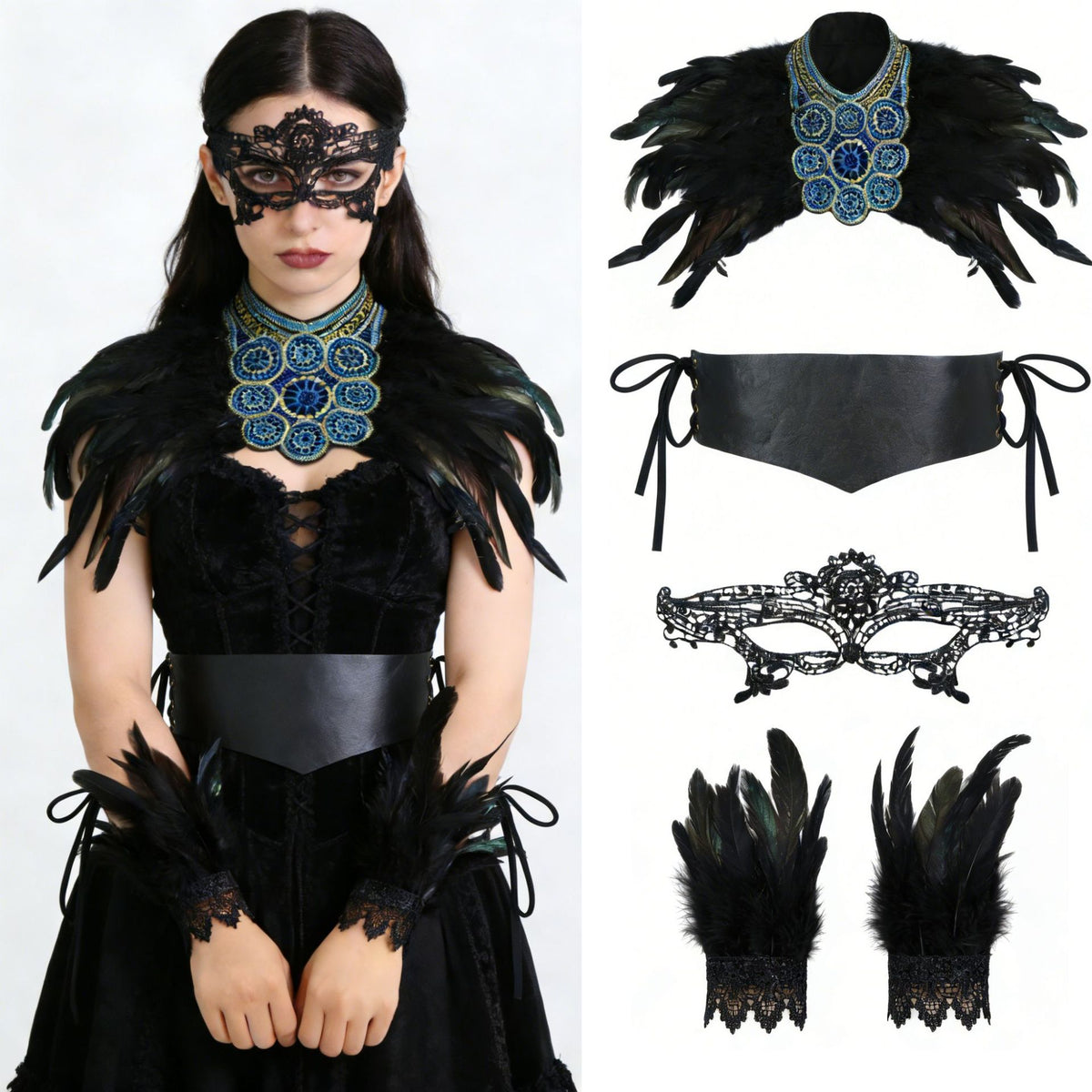 Gothic Dark Feather Set Halloween Cosplay Masquerade Accessories