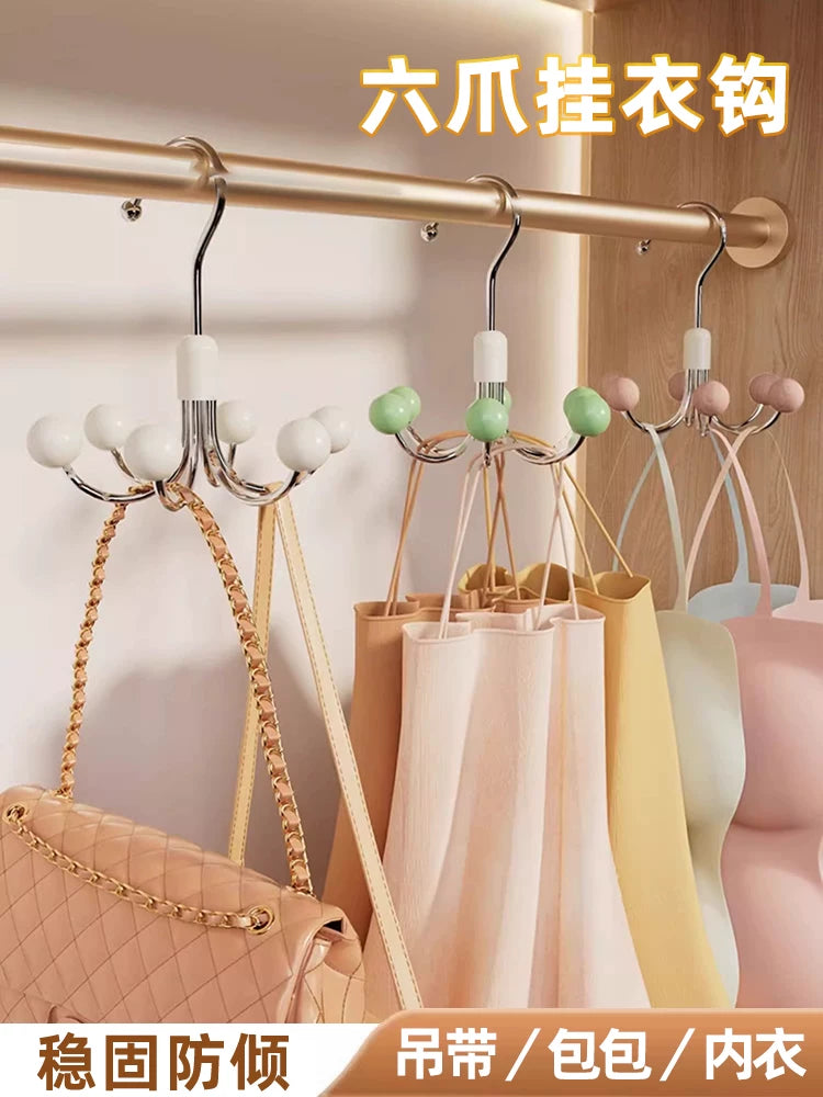 Rotating Wooden Hanger with Multi-Claw Hooks for Camisoles, Underwear, Hats, and Bags
