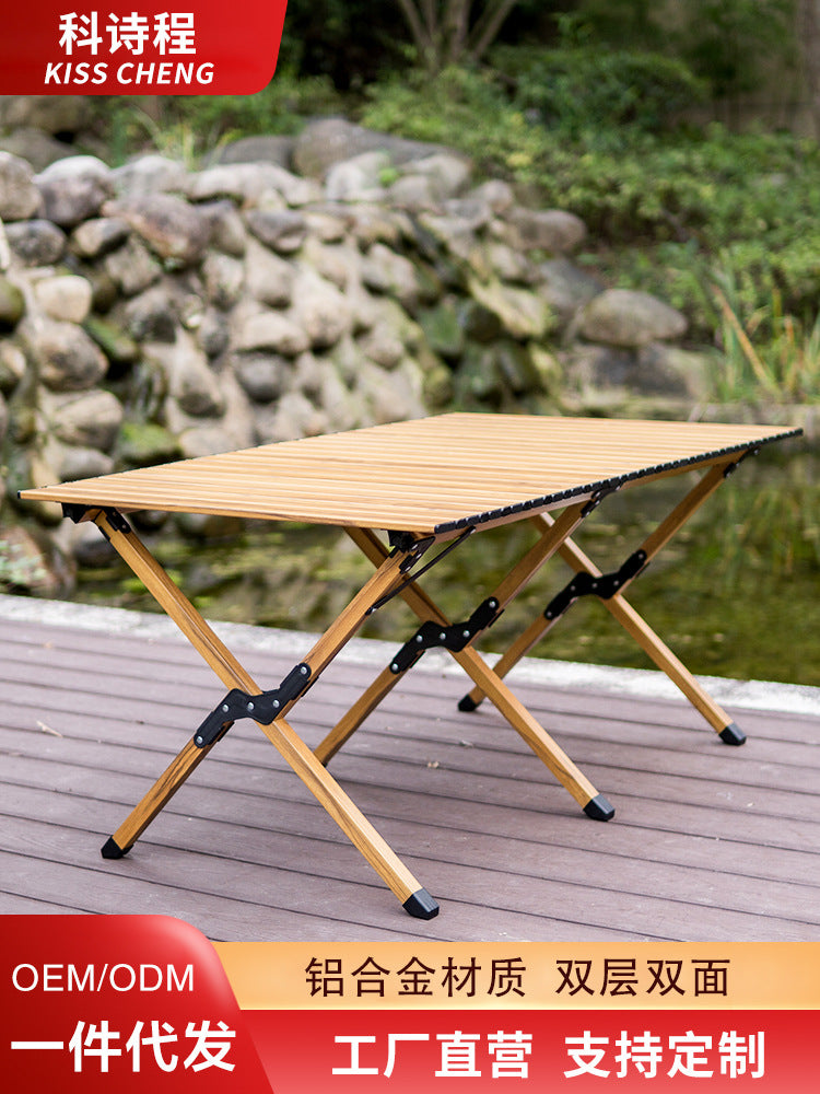 Wood Grain Aluminum Roll-Up Folding Table for Outdoor Camping Picnic BBQ