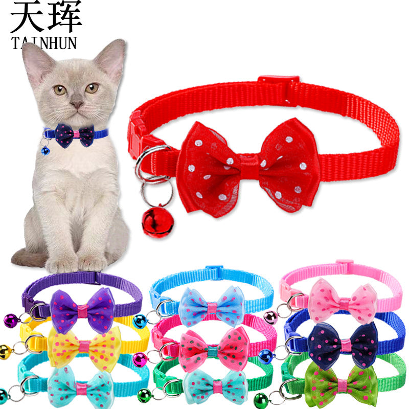 Cat and Dog Collar with Bow Tie and Bell, Adjustable Pet Neckwear with Polka Dot Design