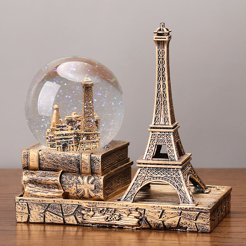 Eiffel Tower Crystal Ball Music Box with Light, Desktop Ornament and Gift