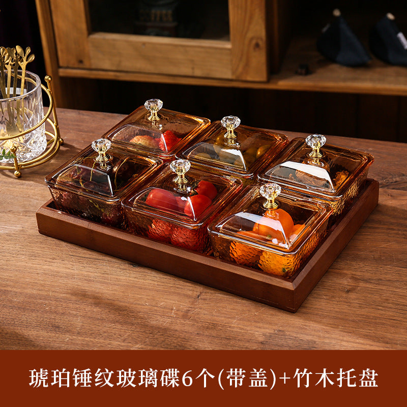 Divided Glass Snack Serving Dish Set with Bamboo Tray for Living Room Coffee Table