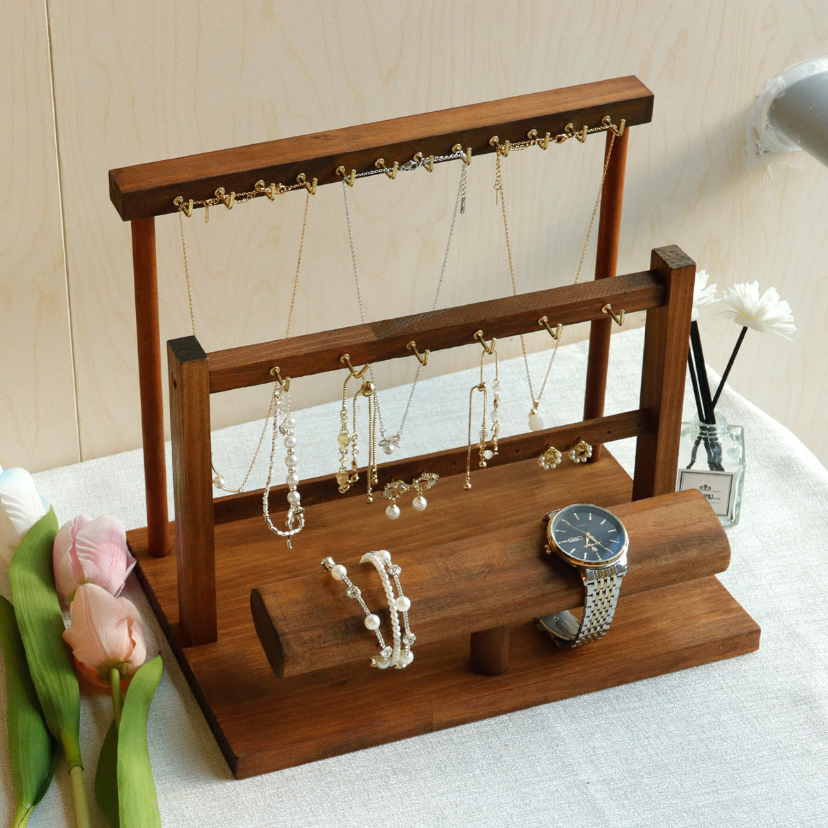 Solid Wood Jewelry Display Stand with Hooks for Necklaces, Earrings, Bracelets, and Keychains