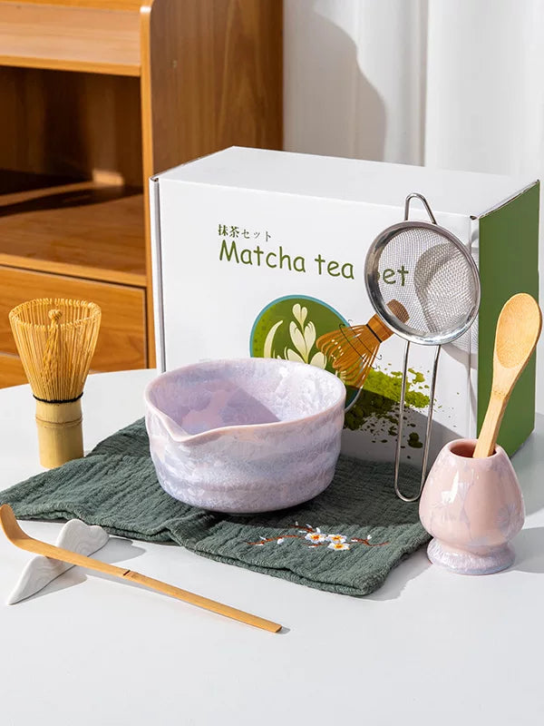 Kakyo Japanese Crystal Glaze Matcha Tea Set with Bowl and Whisk Stand