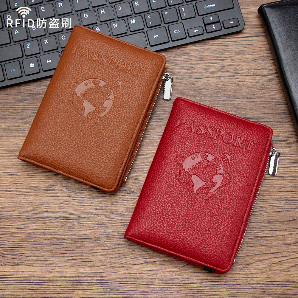 RFID Blocking Leather Passport Holder Wallet for Women, Large Capacity Zippered Travel Document Organizer