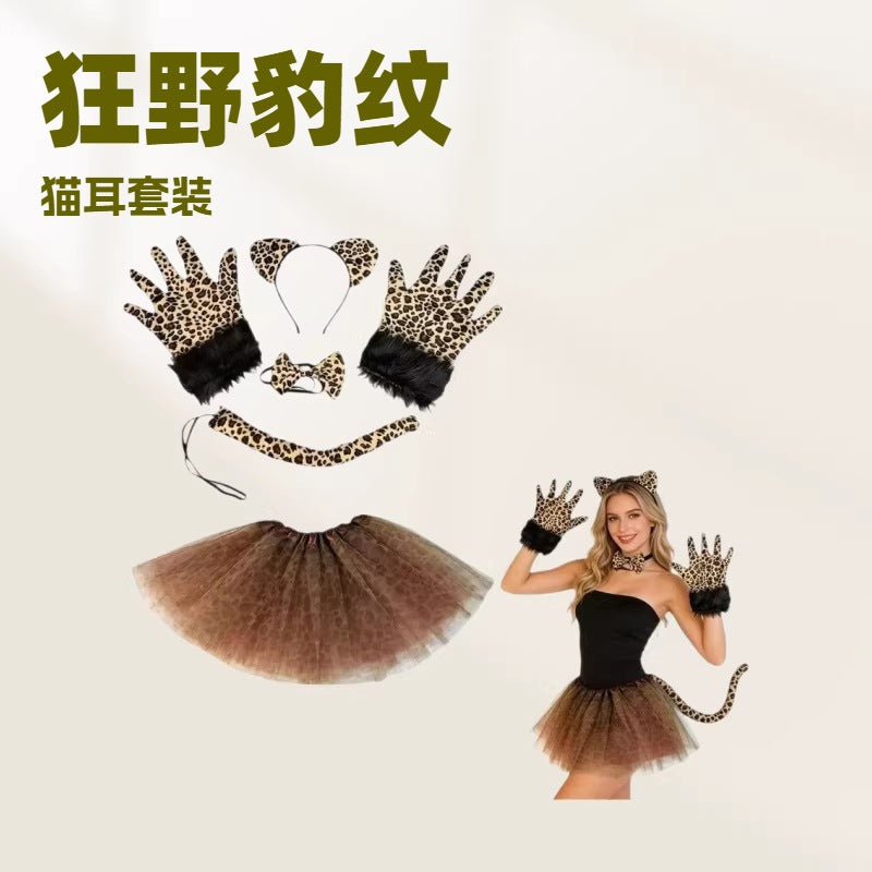 Leopard Print Cat Ear Headband Tail Gloves Set for Halloween Cosplay Party