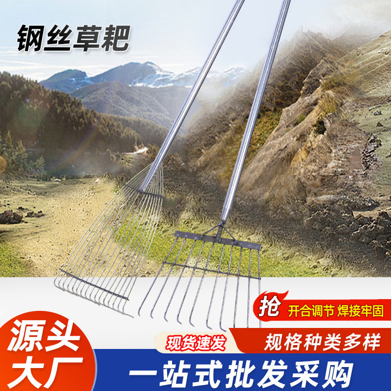 Garden Leaf Rake with Wooden Handle, Steel Wire Rake for Leaves, Grass, and Debris
