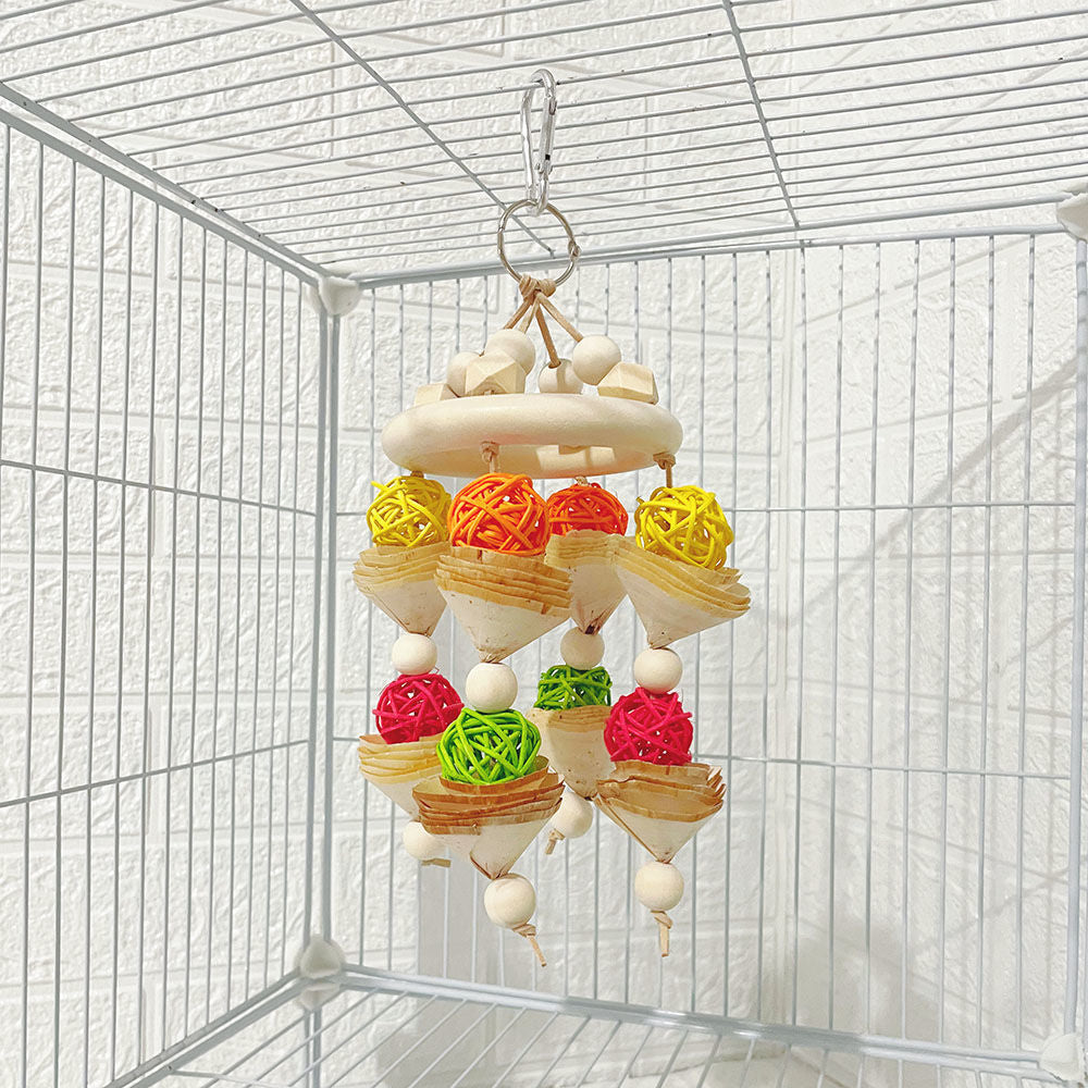 Natural Wood Parrot Chew Toy with Vine Balls and Hanging Swing for Training and Play