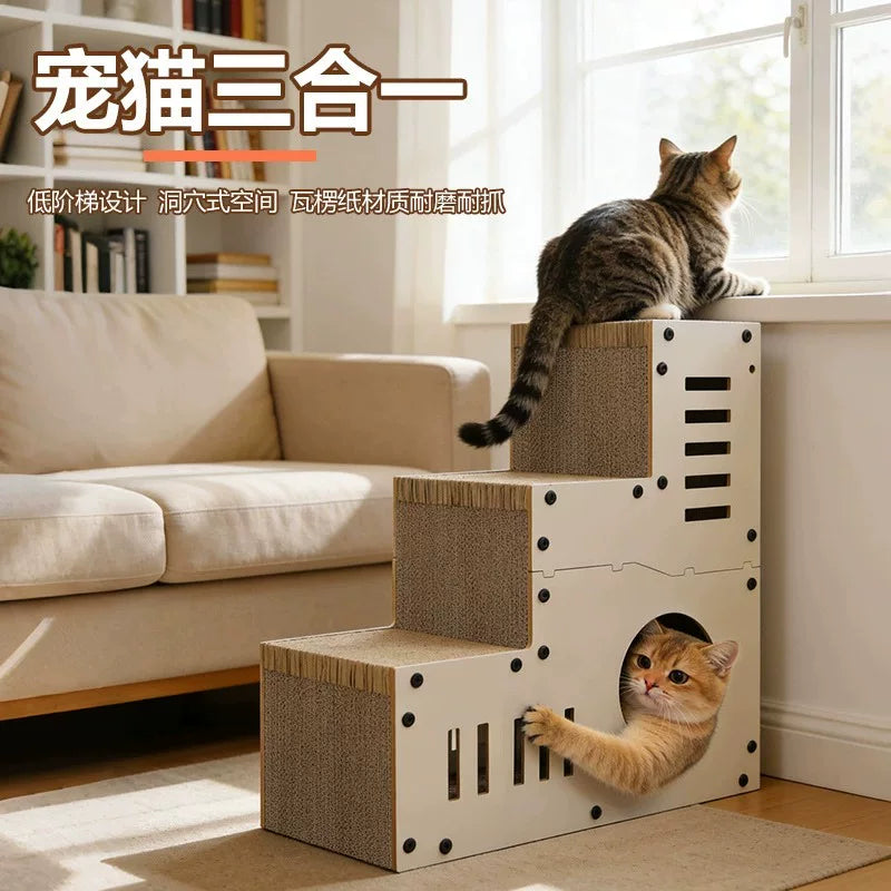 Multi-functional Corrugated Cardboard Cat Scratcher House and Climbing Frame for Self-Amusement Pet Supplies