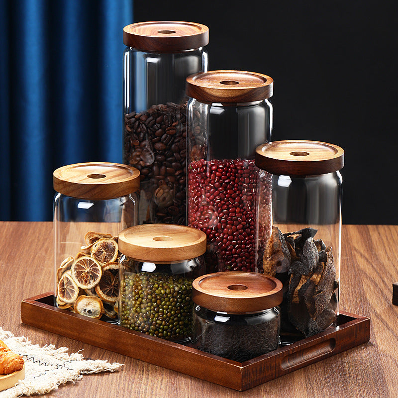 Borosilicate Glass Storage Jar with Acacia Wood Lid, Airtight Food Container
