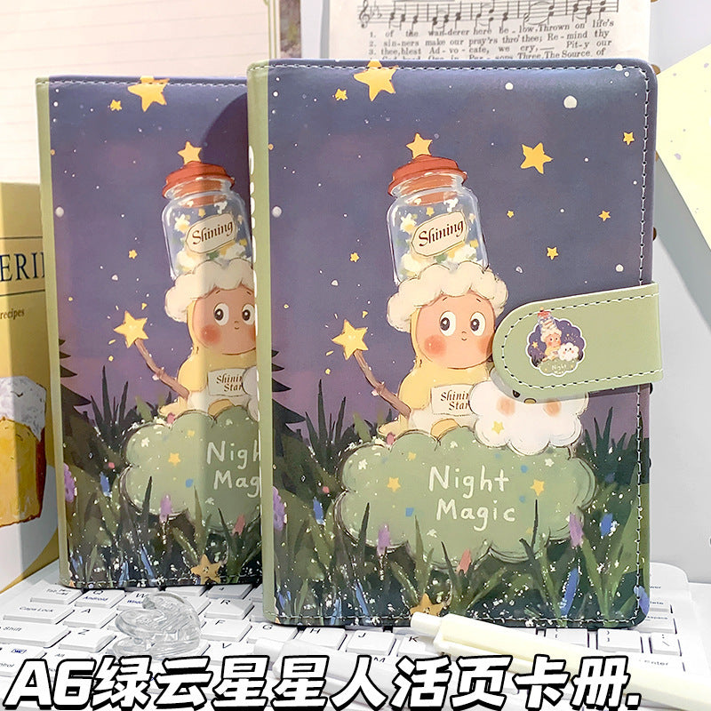 A6 Green Cloud Star Leather Binder Notebook for Students, Cartoon Design Loose-Leaf Collection Album