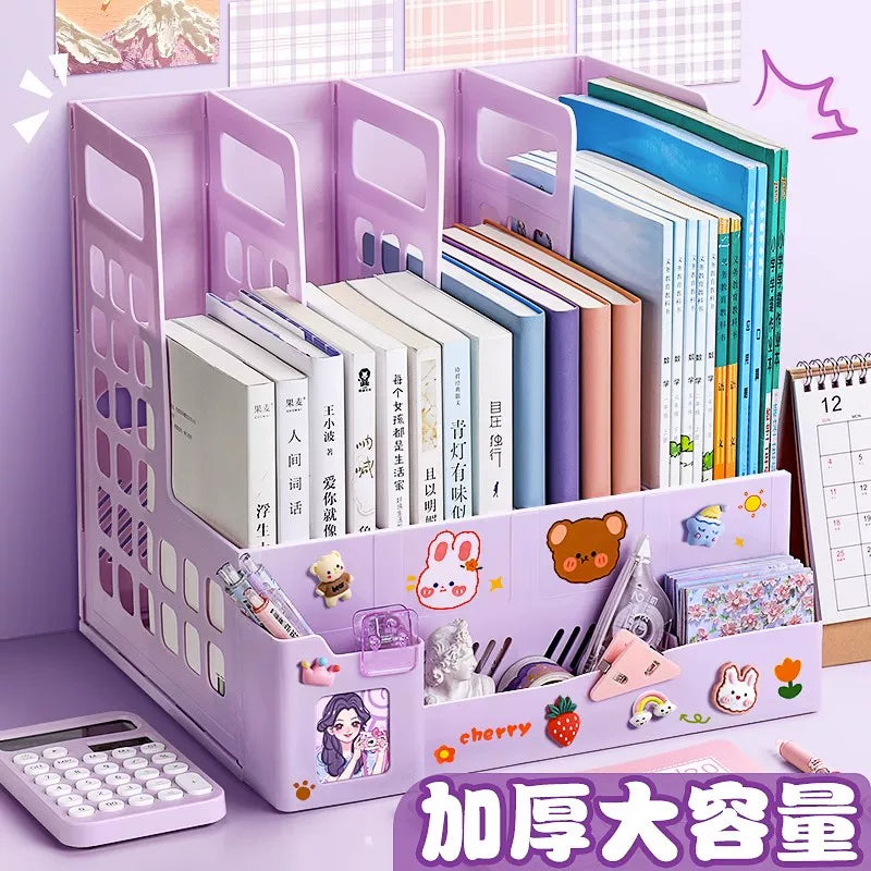 Thickened Desktop Bookends with Pen Holder, A4 Document Organizer for Office and Study, Foldable Multi-layer Plastic File Rack