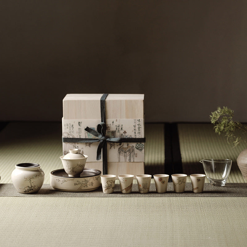 Shuke Kung Fu Tea Set with Ash Glaze Gaiwan and Teapot Tray, Japanese Style Home Tea Set