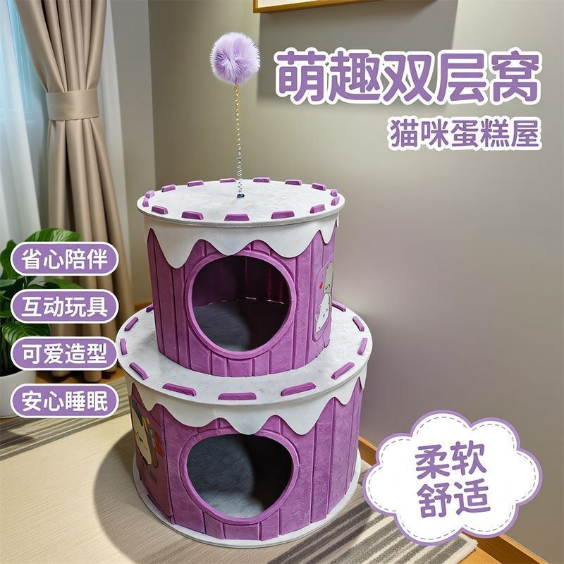 Double-Layer Cat House with Scratching Board - Semi-Enclosed Cat Villa for All Seasons