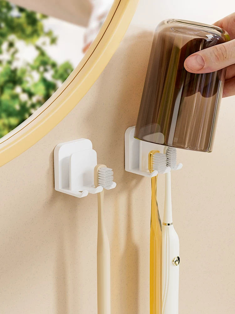 Wall-Mounted Toothbrush Holder with Tumblers, No-Drill Bathroom Organizer for Toothbrushes and Mouthwash Cups