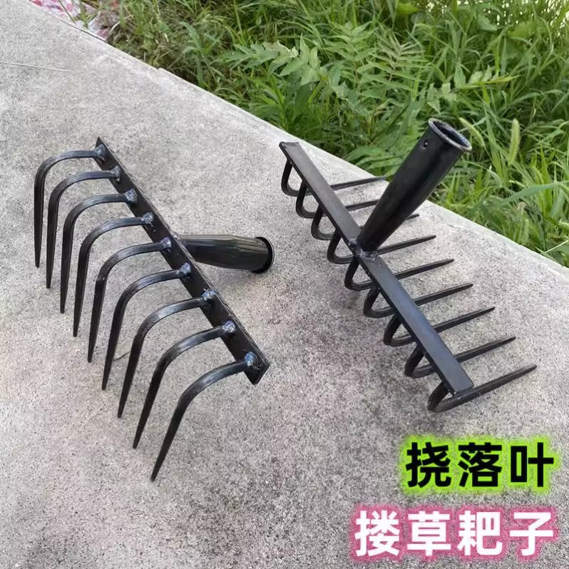 Heavy-Duty Forged Iron Rake for Leaves and Weeds, Curved Tine Garden Tool