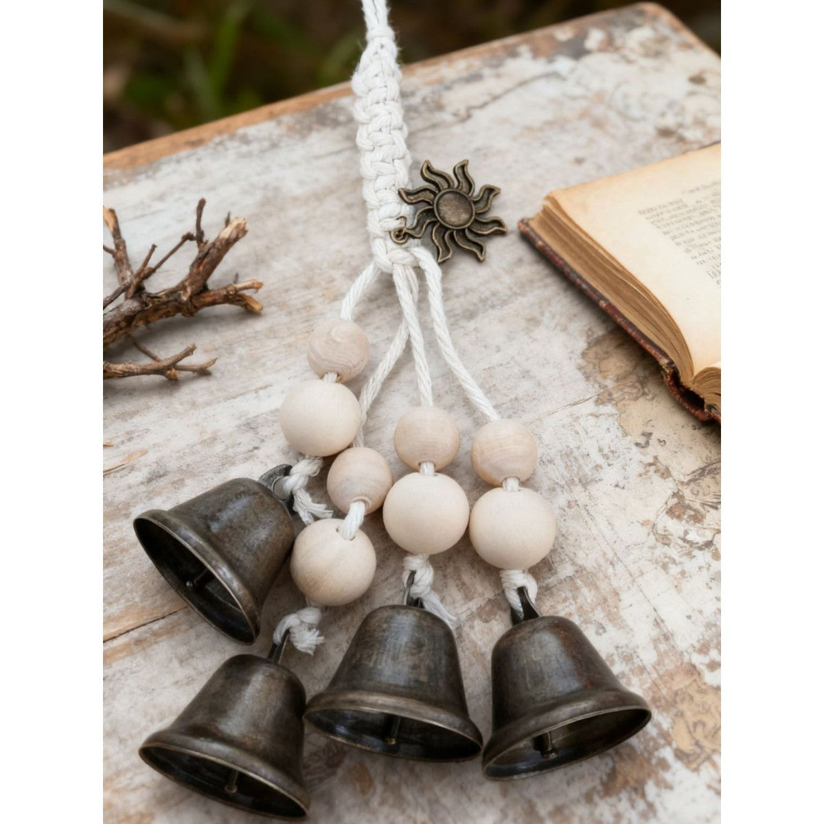 Vintage Style Wooden Bead and Alloy Wind Chime - Floral and Star Pattern Home and Door Handle Hanging Decor
