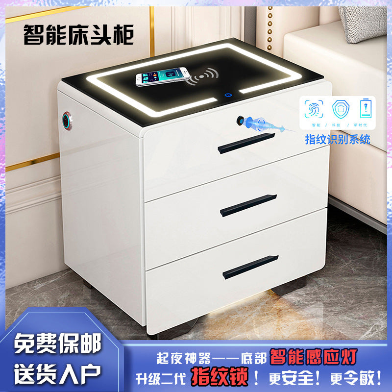 Wanjiafu Smart Nightstand with Fingerprint Lock, Modern Multifunctional Bedside Table with Charging Station for Bedroom