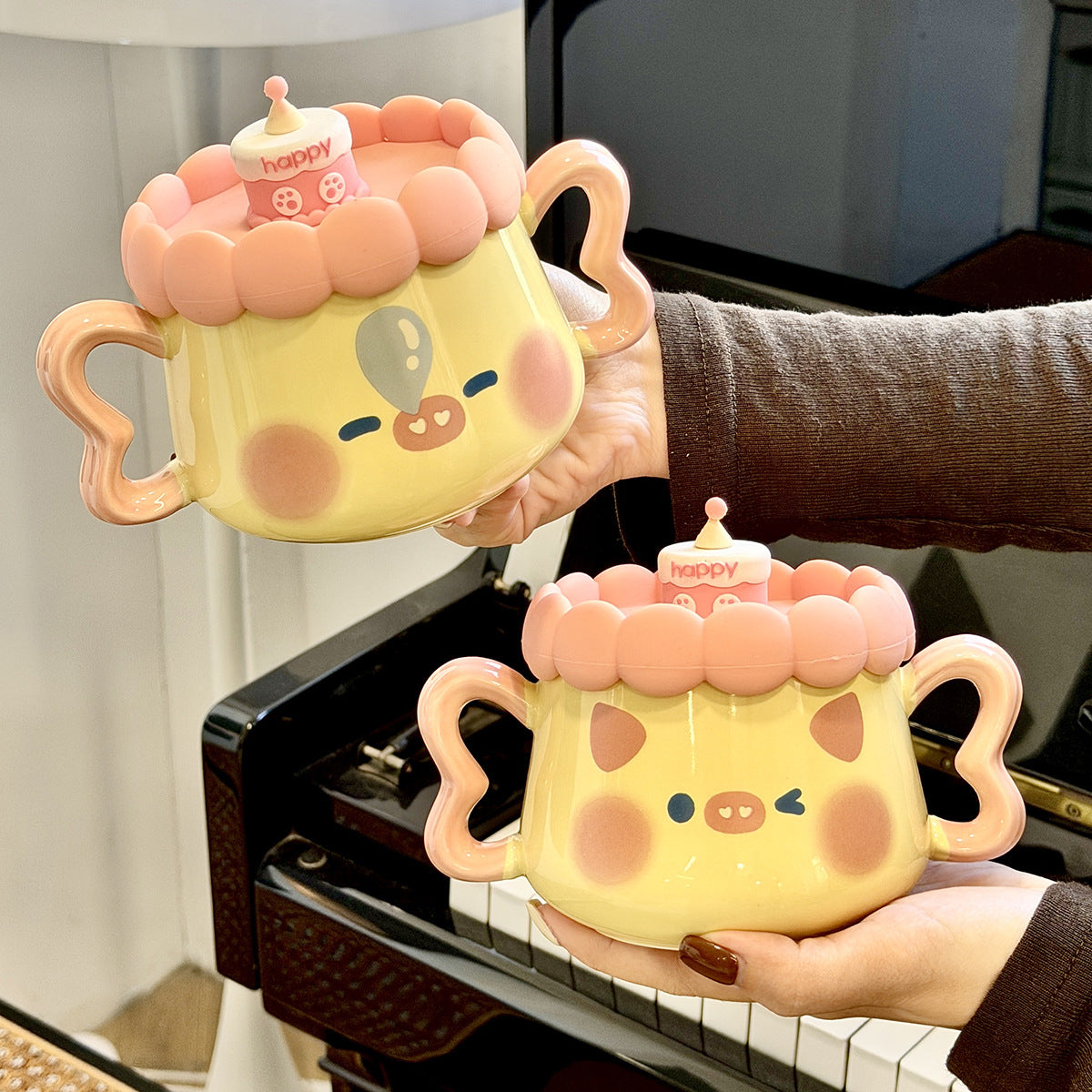 Cute Pig Ceramic Mug with Lid and Spoon, Large Capacity Coffee Water Cup for Girls