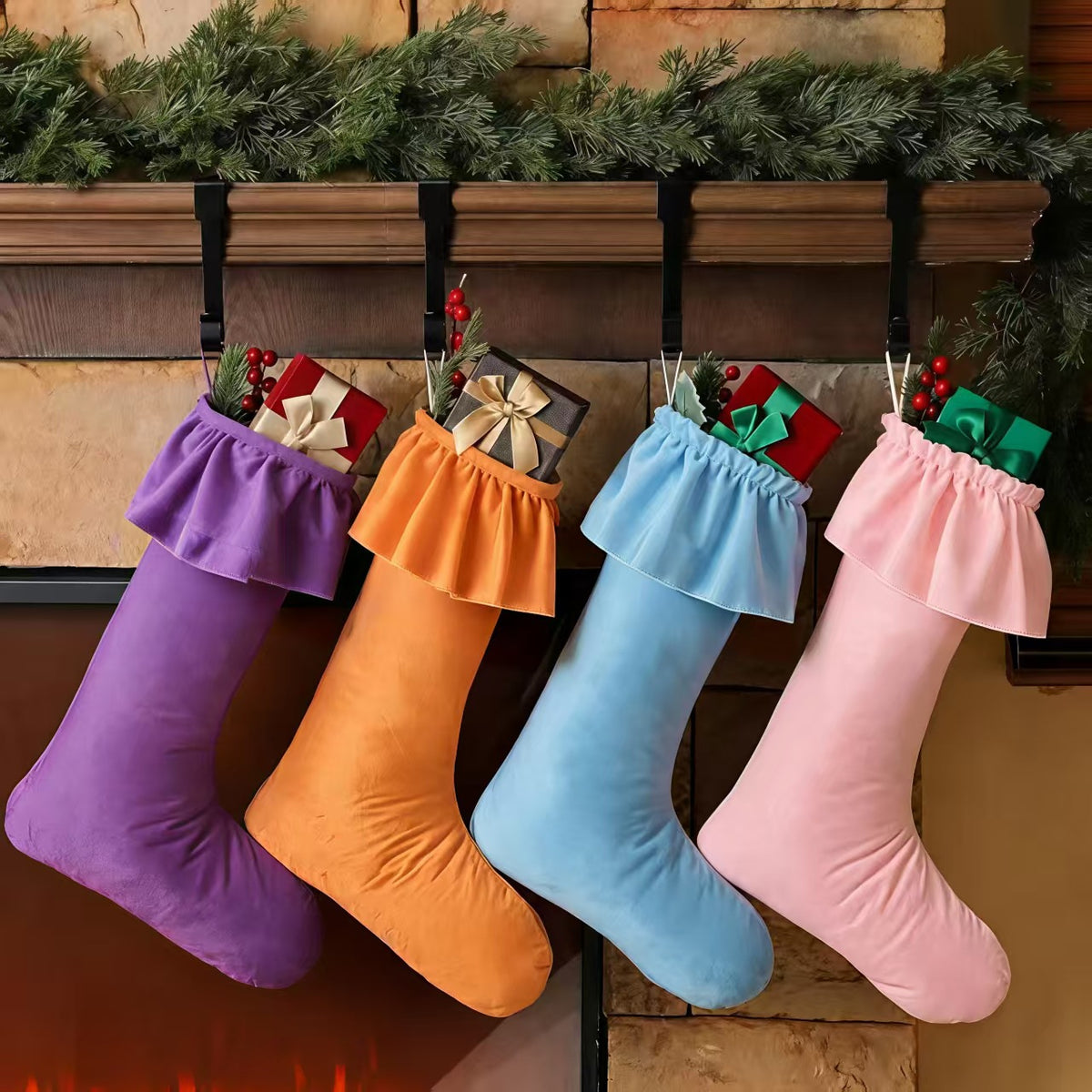 Large Ruffled Christmas Stocking with Hanging Loop for Fireplace & Christmas Tree Decoration