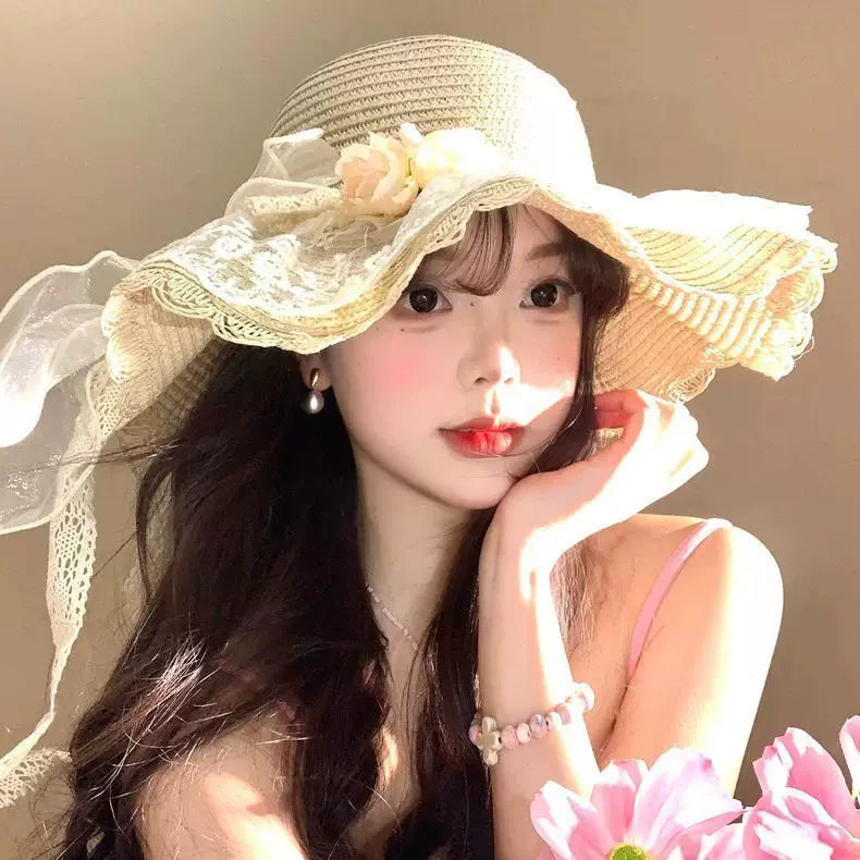 Women's Lace Flower Bowknot Straw Hat Summer Large Brim Sun Protection Beach Hat