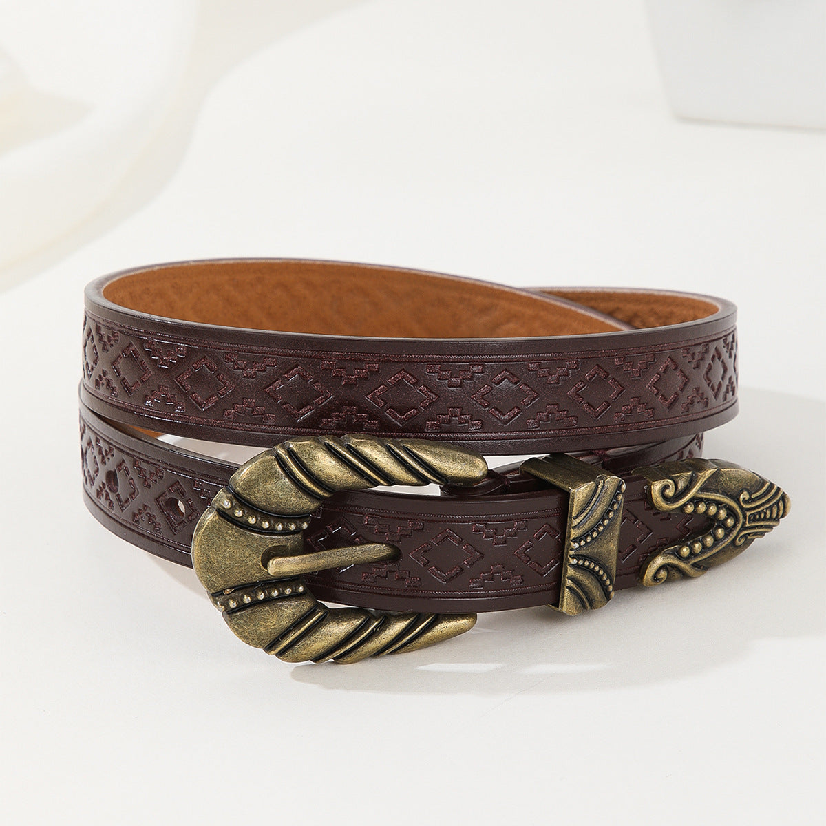 Women's Vintage Embossed Leather Belt with Carved Buckle, Adjustable Multi-Hole Design
