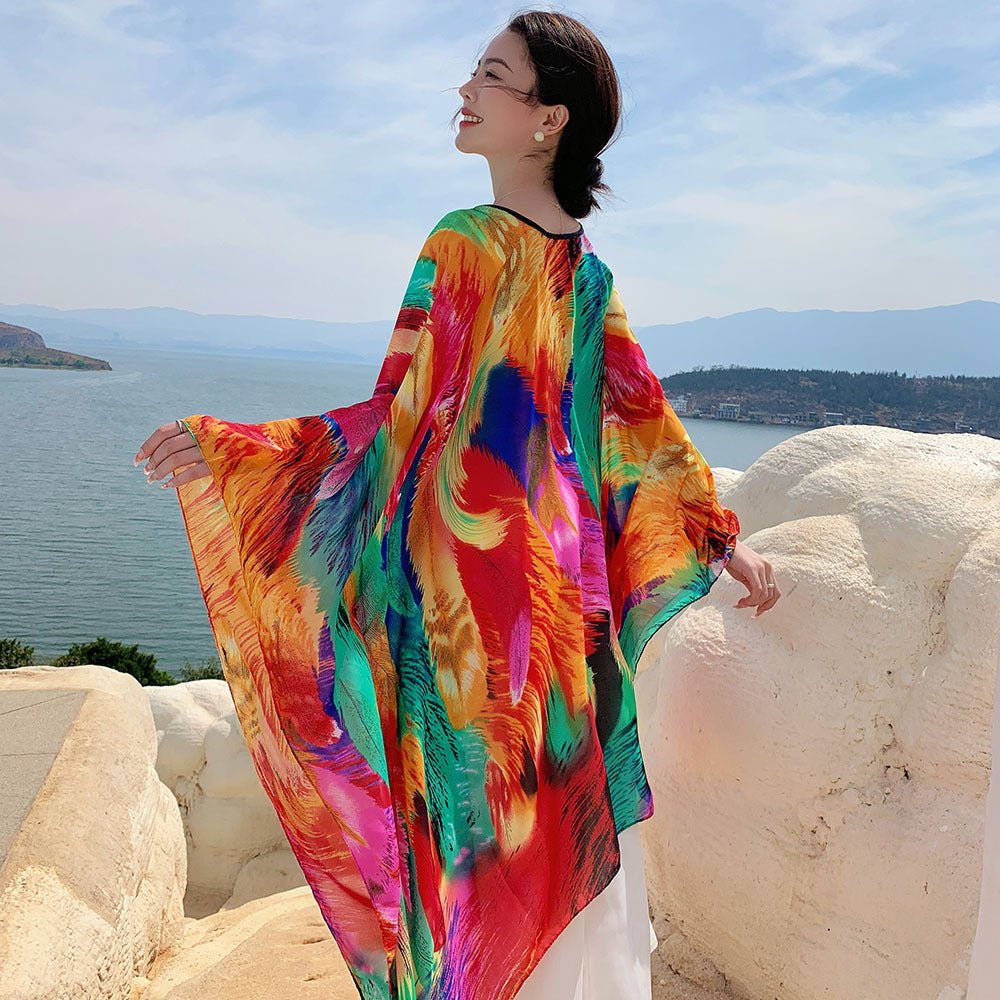 Rainbow Feather Print Sun Protection Cape Shawl for Women, Lightweight Summer Travel Cover-Up