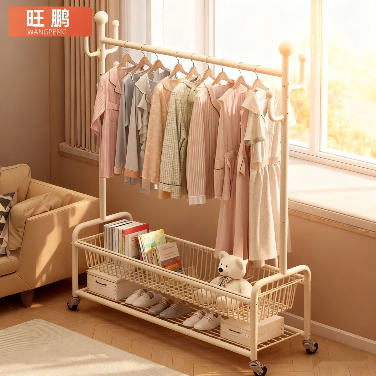 Freestanding Double Rod Garment Rack with Storage Basket