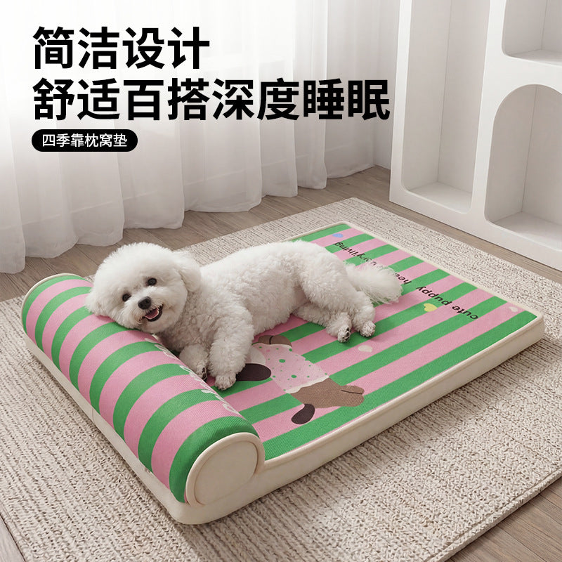 Cartoon Print Pet Cooling Mat with Neck Pillow - Scratch-Resistant Oxford Fabric Removable Washable Dog Cat Bed