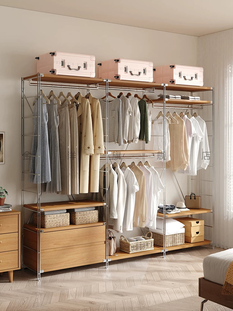 Open Wardrobe Closet System with Storage Shelves and Hanging Rods