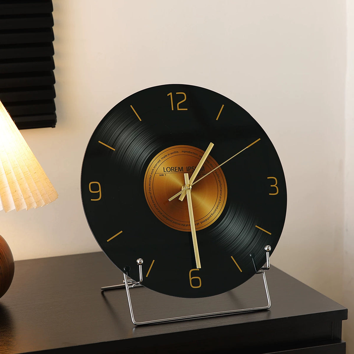 Retro Vinyl Record Desktop Clock with Stand, Italian Minimalist Tempered Glass Table Clock for Living Room Decor
