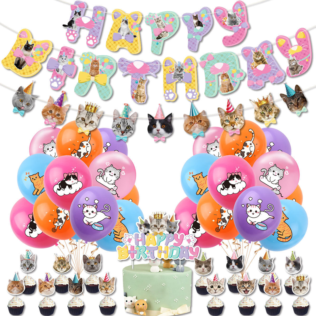 Cat Theme Birthday Party Decoration Set with Banner, Cake Toppers, and Balloons