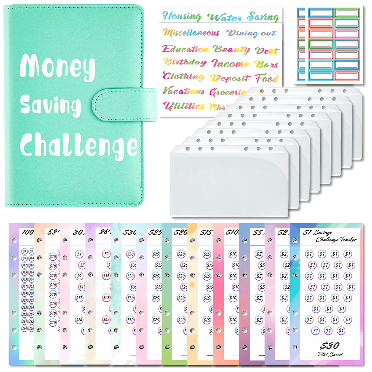 A6 Macaron Budget Binder with Cash Envelopes and Savings Challenge Notebook