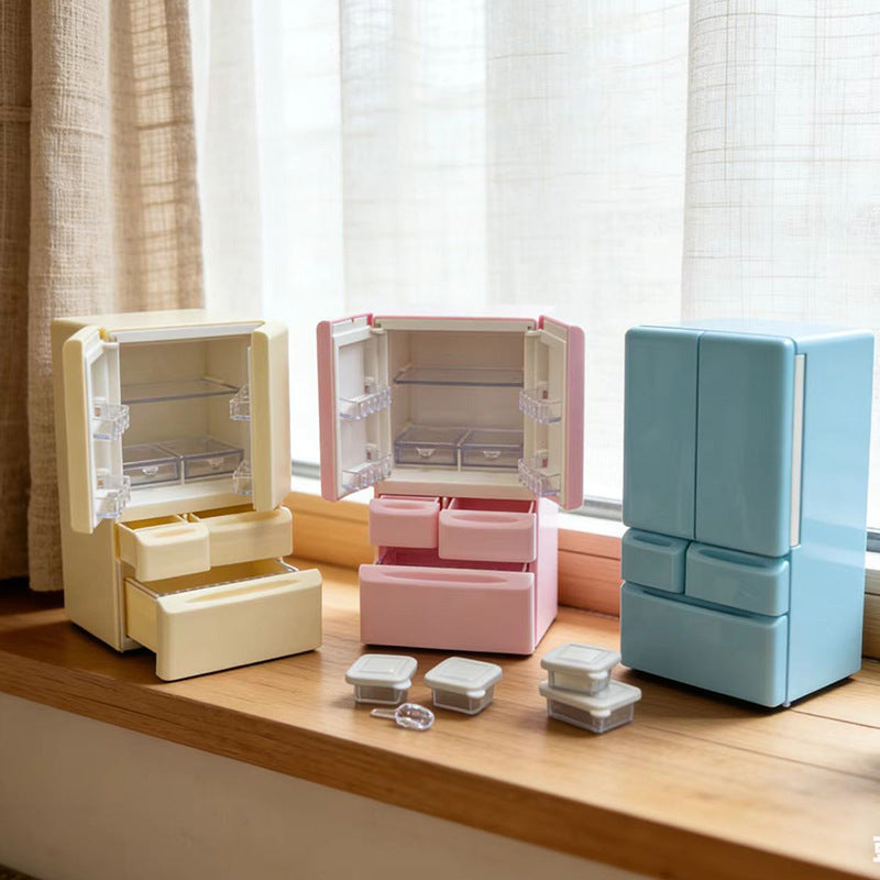 Miniature Dollhouse Double-Door Refrigerator & Outdoor Camping Set for Kids' Pretend Play